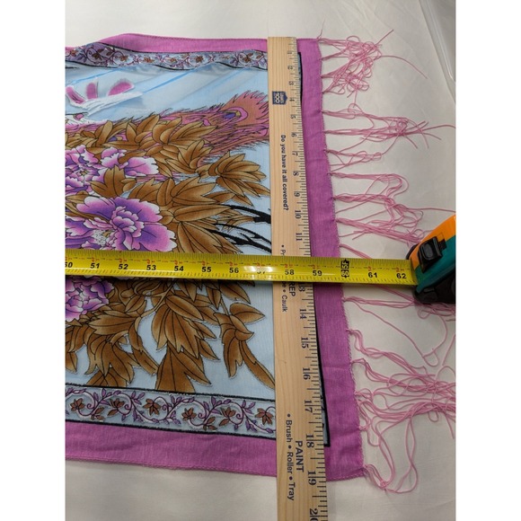 Vtg 90s Y2K Peacock Print Burnout Fringe Scarf Shawl Maximalist Oriental A076 - Picture 8 of 9